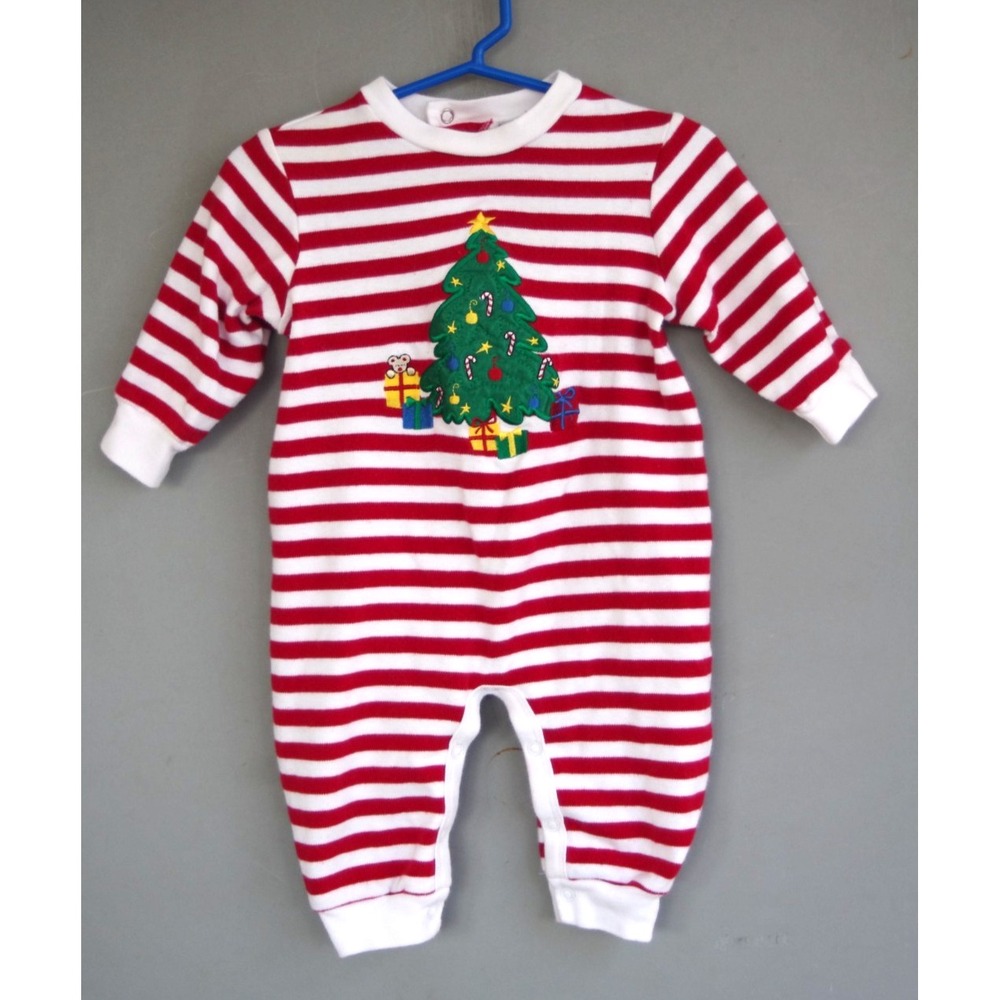 Vintage Baby 80s‎ 90s Striped Embroidered Christmas Tree Sleeper 6-9 mos EUC